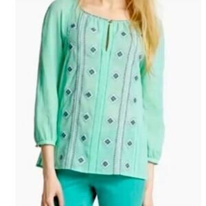 Tory Burch SZ 10 Lucille Seafoam Green Beaded Split Neck Blouse Cotton Linen
